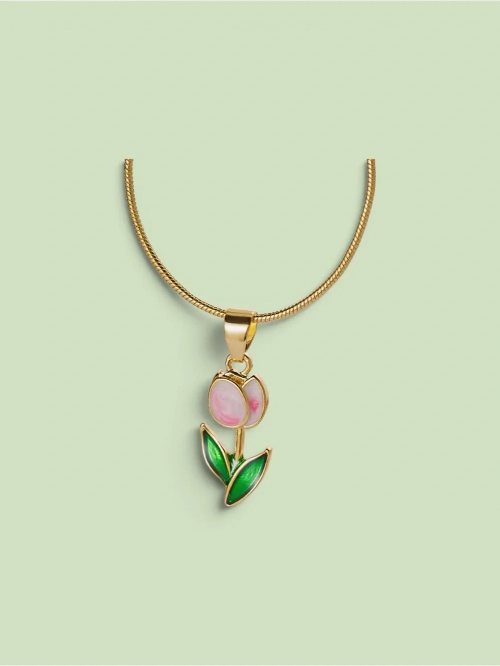 Tulip Pendant Necklace with Pink Flower and Green Leaves